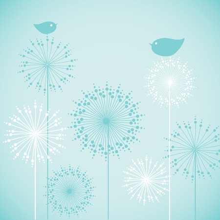 Cute baby shower blue invitation card design. Vector illustration for holiday card, birthday, print, invitation, tag and banner/ Birds on flowers.のイラスト素材