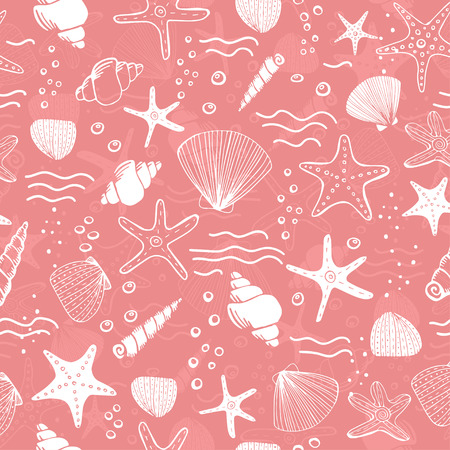 Sea shells, seastars and corals seamless background. Pink seamless pattern for coloring book, textile, print, wallpaper. Sea life pattern.のイラスト素材