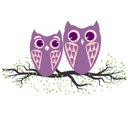 Two violet owls sitting on the tree branch. Vector illustration of cartoon owls in pastel colors. Family and romance concept with owls couple.のイラスト素材