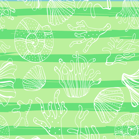 Sea shells, seastars and corals seamless background. Light green and white colors seamless pattern for coloring book, textile, print, wallpaper. Sea life pattern.のイラスト素材