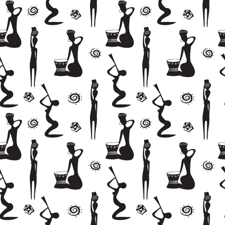 Seamless pattern with beautiful African women with vases, fife and drums. Black and white pattern. Native ethnical seamless backgroundのイラスト素材