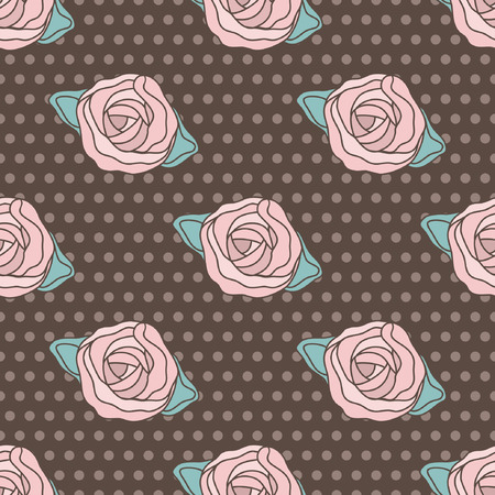 Vintage vector patterns with climbing roses on brown and white polka dot background. Seamless floral background for textile, cards, web, scrapbooking, baby shower and birthday designのイラスト素材
