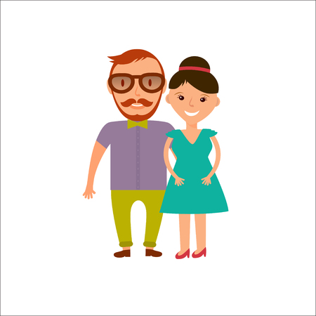 Happy  Smiling  Couple in Flat Style. Man and woman in casual clothing isolated on white background. Vector modern illustrationのイラスト素材
