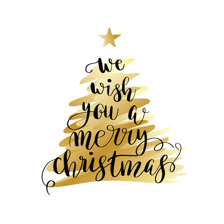 We wish you a merry christmas. Christmas poster or greeting card design. Calligraphy lettering quote on gold Christmas tree.のイラスト素材