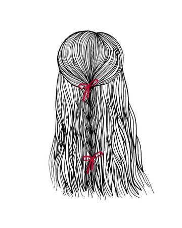 Woman head back view with bride hair and red boe. Hand-drawn cartoon hairdressing sketch. Doodle drawing. Vector illustration.のイラスト素材