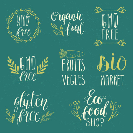 Eco, nature, vegan, bio food logos. Handwritten lettering. Vector elements for labels, logos, badges, stickers or icons. Calligraphic and typographic collectionのイラスト素材