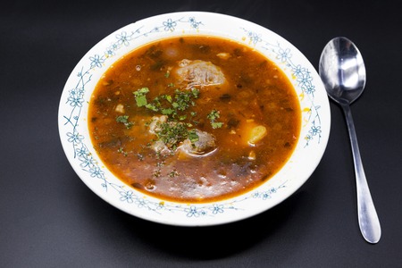 Soup Shurpa. Meat soup beef with pepper and tomato. Traditional dishes from the middle East, Asiaの写真素材
