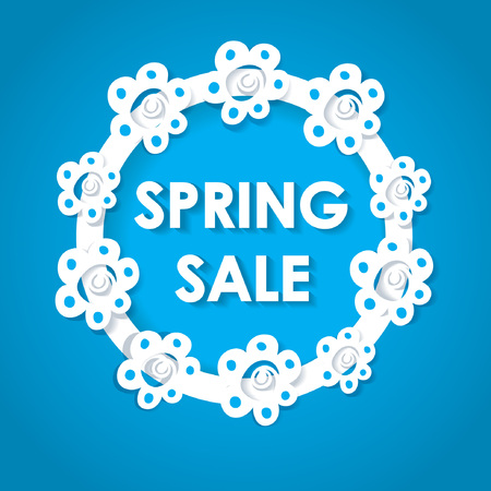 Card with round floral frame. White circle frame with flowers and text Spring Sale on blue backgroundのイラスト素材