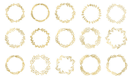 Set of 15 Handdrawn ink painted gold floral wreaths and laurels. Vintage vector golden elements for wedding, holiday and greeting cards, web, prind scrapbooking design and otherのイラスト素材