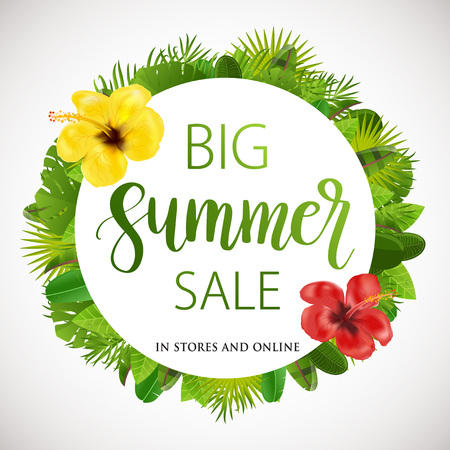 Circle frame design decorated with floral tropical palm leaves and hibiscus flowers and text Big Summer Sale. Vector illustrationのイラスト素材