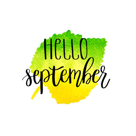 Hello september hand lettering phrase on yellow and green watercolor leaf backgroundのイラスト素材