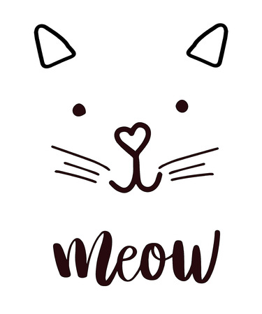 Cute head cat silhouette black icon, lettering meow word on white backgroundのイラスト素材