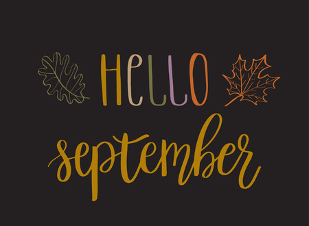 Hello September lettering text with autumn leaves and acorns. Hand drawn vector illustration.のイラスト素材