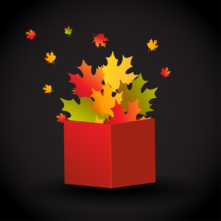 Autumn illustration. Multicolored maple leaves in opened red box. The concept of autumn season. Flat isometric vector illustration, isolated on black backgroundのイラスト素材