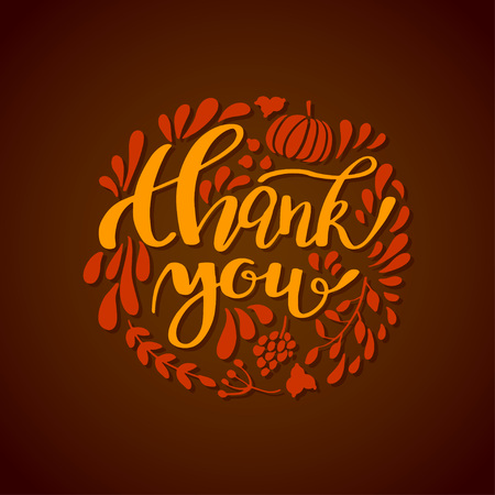 Happy Thanksgiving card design with leaves, fruits and pumpkin round frame and text Thank you, vector illustration. Lettering designのイラスト素材