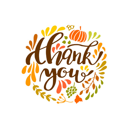 Happy Thanksgiving card design with leaves, fruits and pumpkin round frame and text Thank you, vector illustration. Lettering designのイラスト素材