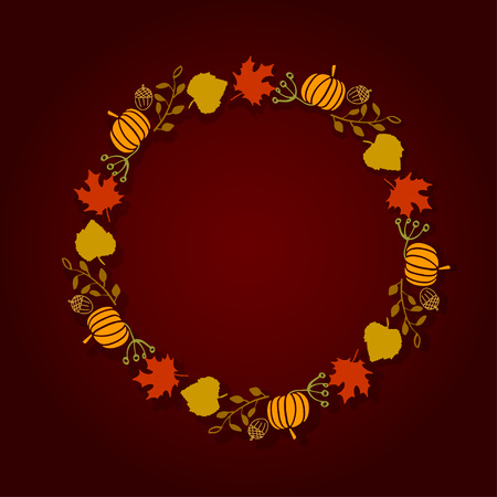 Vector illustration round wreath of autumn leaves yellow green red brown color on a broun background. Can be used for sale banner, web, thanksgiving cardのイラスト素材