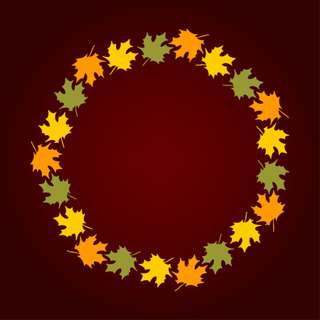 Vector illustration round wreath of autumn leaves yellow green red brown color on a broun background. Can be used for sale banner, web, thanksgiving cardのイラスト素材