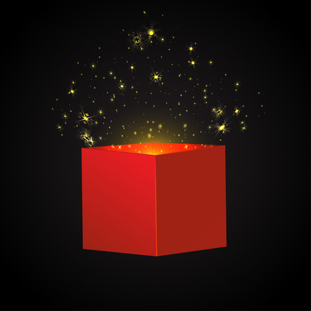 Open red gift box with lights and confetti for Christmas or holiday background vector illustration.のイラスト素材