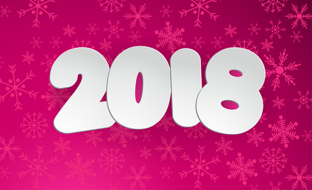 Happy New Year 2018. White paper typeface on pink snowflake background. Greeting card, poster, web or flyer template. Vector illustration.のイラスト素材