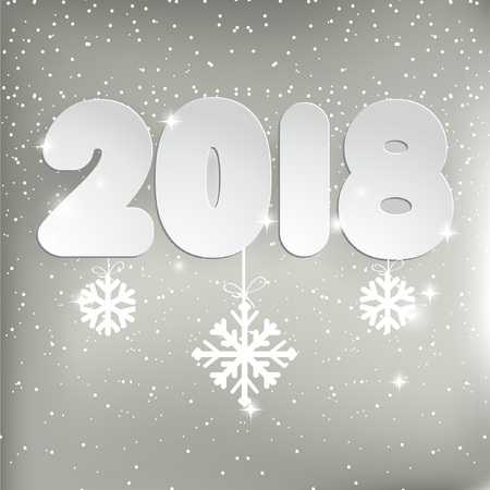 Christmas card with white snowflakes on silver grey background. Lettering Merry Christmas and Happy new year card vector Illustration.のイラスト素材