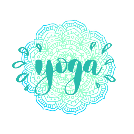 Vector illustration of blue mandala sign and text Yoga on it. Spa, yoga centers logotype design.のイラスト素材