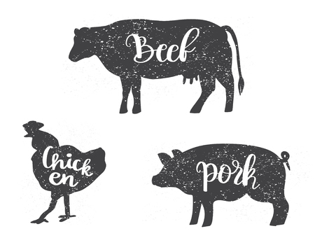 Chicken, Cow and Pig silhouettes with lettering text Beef, Chicken, Pork. Can be used for menu, butcher shop, restaurantのイラスト素材