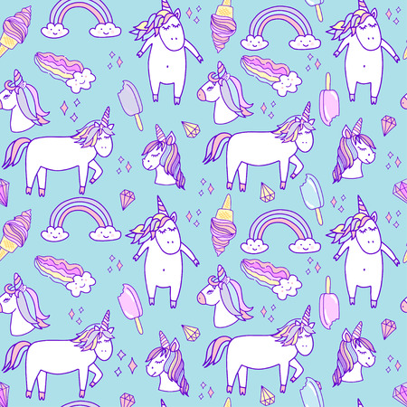 A seamless pattern with unicorns for print design on blue background.のイラスト素材