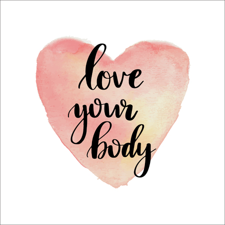 Love your body lettering phrase on watercolor painted pink heart background.のイラスト素材