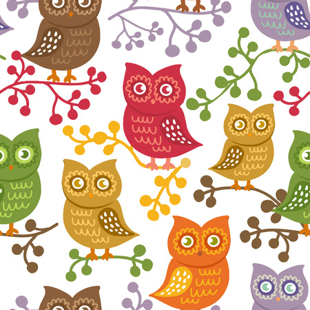 Cute owls on white. Vector seamless pattern with hand drawn birds. Colorful brignt owls background. Can be used for textile, print, child cloth, wallpaper, notebook, wrapping.のイラスト素材
