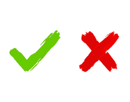 Tick and cross icons, yes and no symbols in green an red colors. Vector illustration, brush painting imitation.のイラスト素材