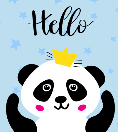 Panda. Chinese panda bear in gold crown and text Hello. Cute vector animal illustration for cards, web, prints, tshirts, tote bags design..のイラスト素材