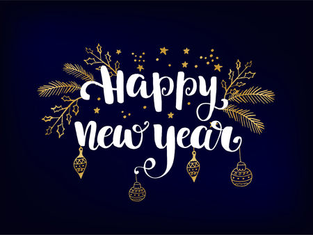 Simple new year card - black background with gold foil stars, fir tree toys and branches, holly berry and handwritten letters Happy new yearのイラスト素材