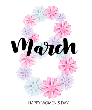 Happy Women's Day handwritten gold lettering phrase in flower frame.のイラスト素材