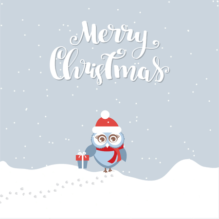 Christmas Greeting card with cute tiny owl on blue and snow illustration.のイラスト素材