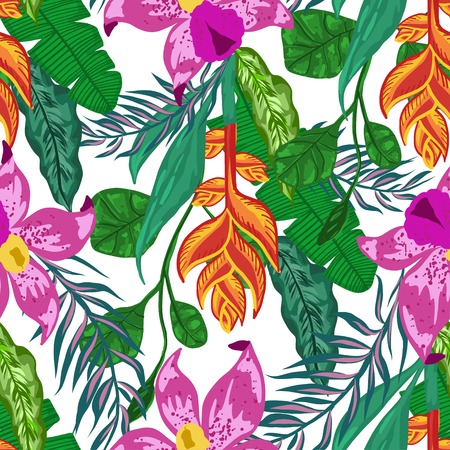 Seamless pattern with tropical orchid and heliconia flowers and palm leaves on white background.のイラスト素材