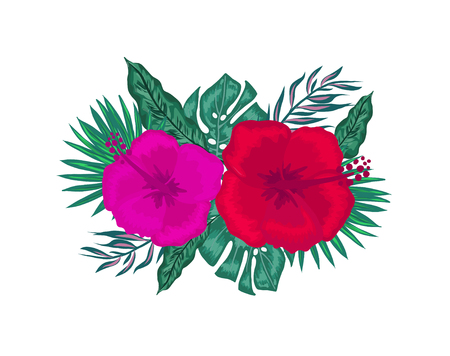 Seamless pattern with tropical orchid and hibiscus flowers, palm, banana and monstera leaves on white background.のイラスト素材