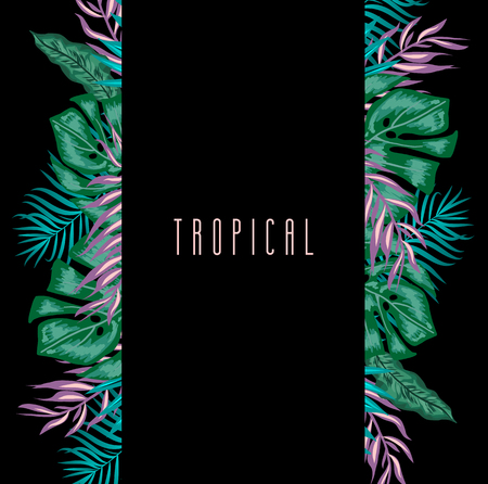 Green summer vertical tropical background with exotic palm leaves and plants on black background and place for your text. Vector floral banner designのイラスト素材