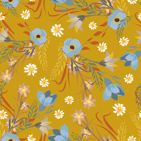 Seamless pattern with small flowers on a dark background. Modern fashionable floral texture for fabric, wallpaper, interior, tiles, print, textiles, packaging and various types of design. Trendy floral background. Vector illustration.のイラスト素材
