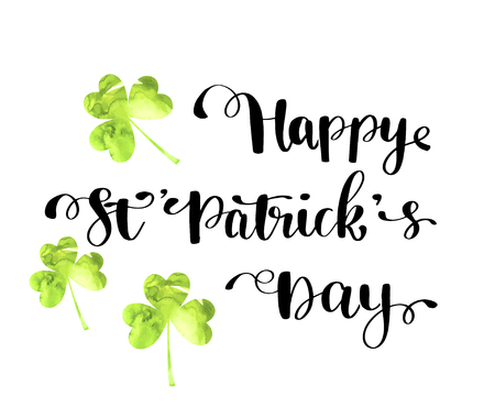 St. Patrick's Day greeting card, poster, banner. Vector illustration. Green watercolor clover and Hand lettering text Happy St Patrick s Day.のイラスト素材