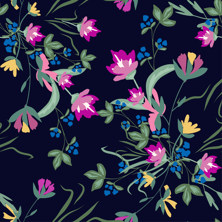 Seamless pattern with small flowers on a dark background. Modern fashionable floral texture for fabric, wallpaper, interior, tiles, print, textiles, packaging and various types of design. Trendy floral background. Vector illustration.のイラスト素材