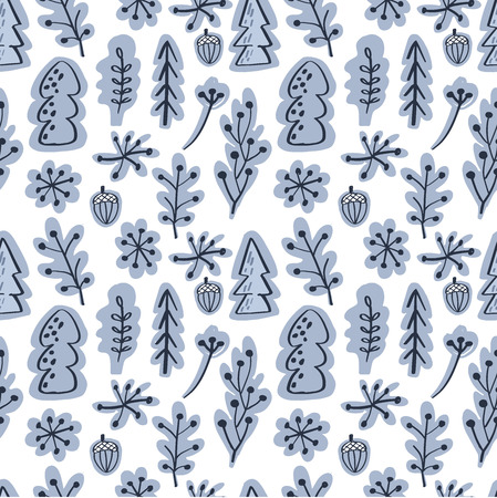 Scandinavian winter forest trees and plants, nordic seamless vector pattern. Decorative background for textile prints, wallpapers, scrapbooking. Grey, dark navy and white colors.のイラスト素材