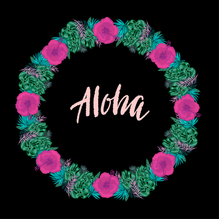 Green summer tropical background with exotic palm leaves and hibiscus flowers wreath. Vector floral background with lettering text Aloha on black backgroundの写真素材