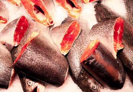Steaks from salmon. Fresh Steaks from salmon, trout, on the market on ice