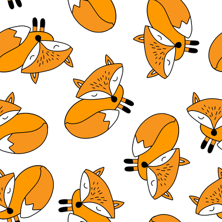 Vector seamless pattern with cute cartoon foxes on white background. Can be used for childs clothing, wallpapers, textile, scrapbookingのイラスト素材
