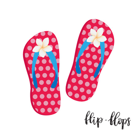 Flip-flops illustration. Cute pink woman pair of beach shoes isolated on white. Vector designのイラスト素材