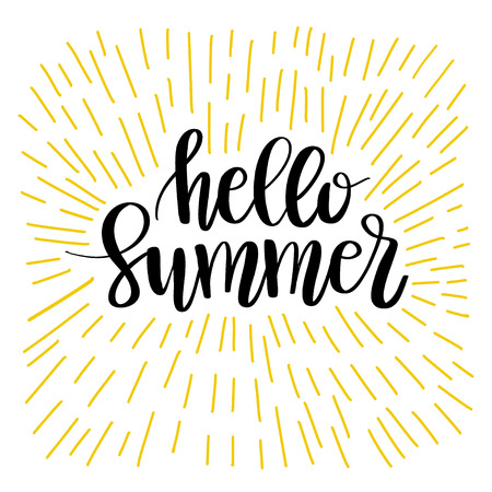 Hello summer lettering composition. Inspirational quote with black text on yellow sun background. Vector illustration for banners, posters, t-shirts, cardsのイラスト素材