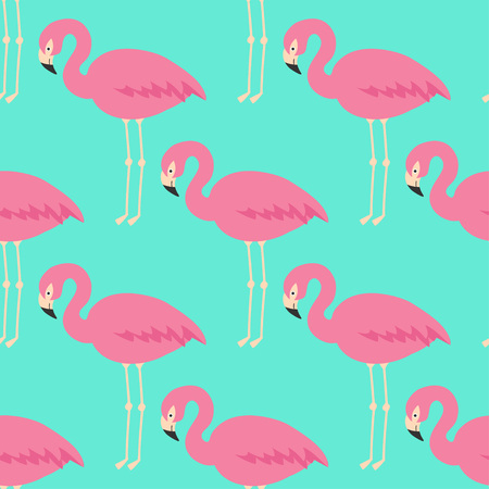 Flamingo seamless pattern on mint green background. Pink flamingo vector background design for fabric, textile, web, print and decor.のイラスト素材
