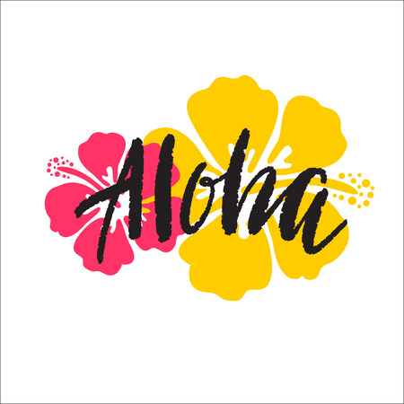 Aloha lettering. Vector illustration with hibiscus for print.