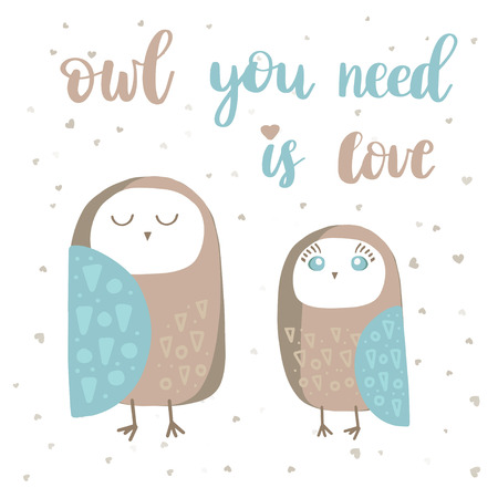 Cute loving owls couple. Owl you need is love lettering poster. Tshirt, bag, school book or notepad designのイラスト素材